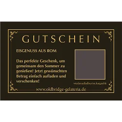 Das Bild zeigt einen Geschenkgutschein von Old Bridge im eleganten, dunklen Design mit goldenen Elementen. Hochwertige Gestaltung, klassisch, passend zu einer Premium-Positionierung.